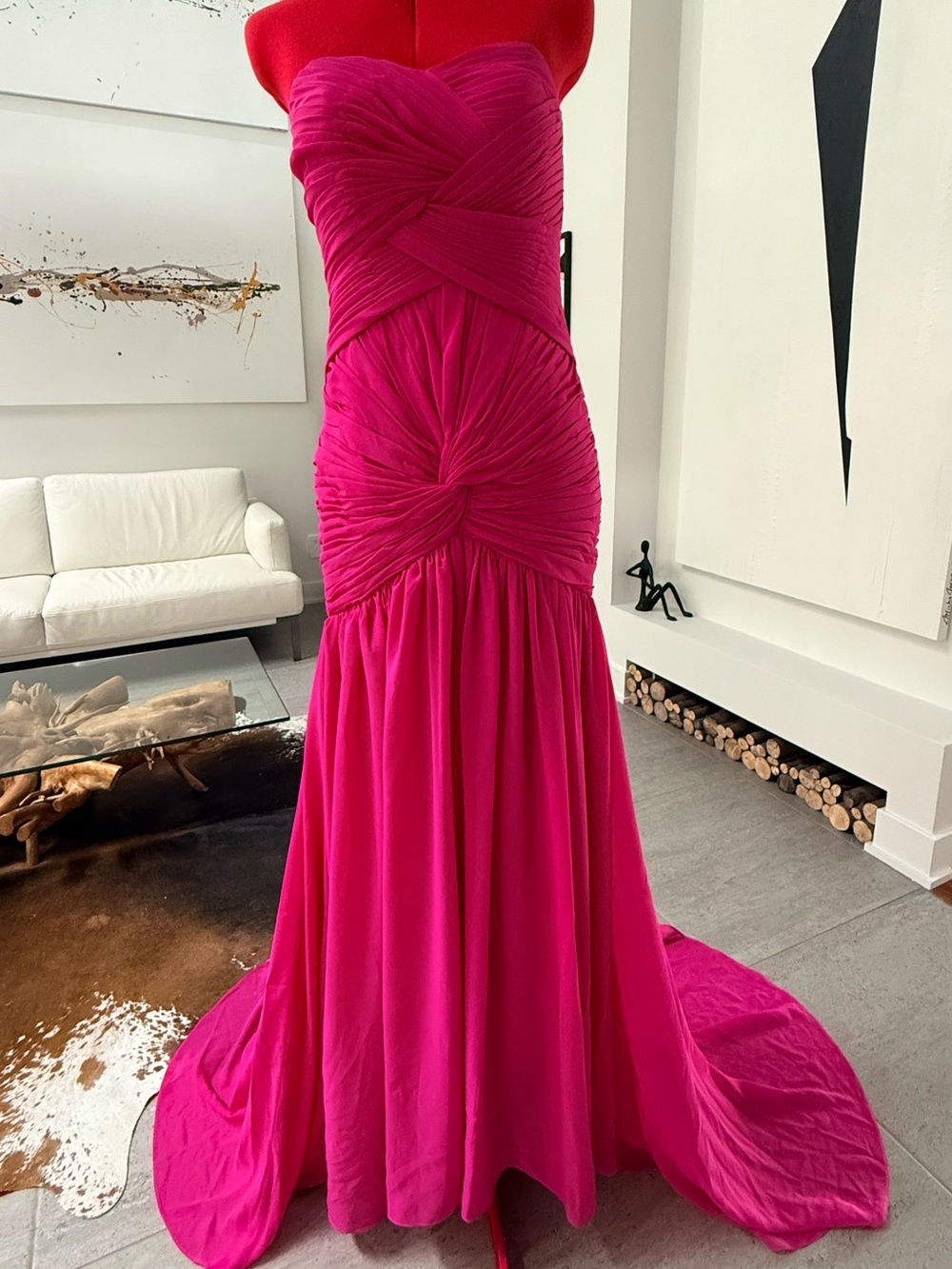 Strapless fuscia Evening Gown with Ruched Detail